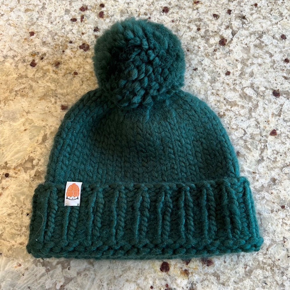 Sh*t That I Knit Rutherford Beanie in Forest with bag and extra faux fur pom pom